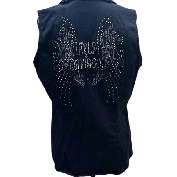 Harley Davidson Woman XL Black Denim Sleeveles Vest Biker Rhinestone Embellished - Picture 3 of 6